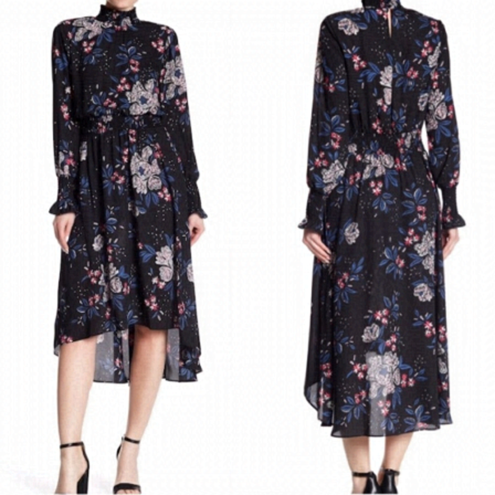 NANETTE LEPORE Black Mystic Blue Floral Smocked Mock Neck Chiffon High-Low Dress